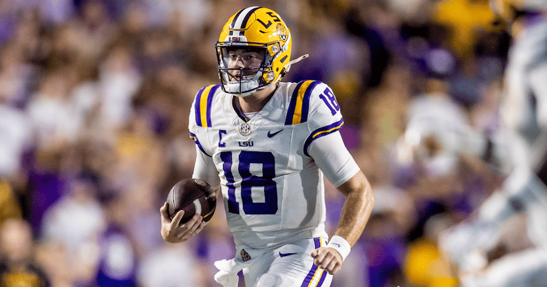LSU QB Garrett Nussmeier pulled off the longest run of his career (Photo: © Stephen Lew-Imagn Images)